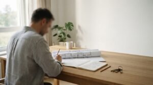 שולחן עבודה מעץ ועליו שרטוטי דירה, פנקס רשימות ומפתח בית באור יום טבעי